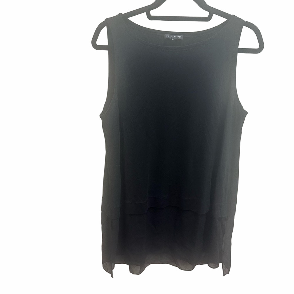 Eileen Fisher Tank Top Black Tiered Sheer Bottom Size Medium